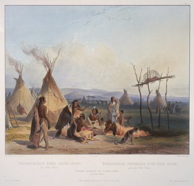 Begräbnissgerüst eines Sioux-Häuptlings in der Nähe von Fort Pierre, graviert von J. Hurliman, veröffentlicht 1839 von Karl Bodmer